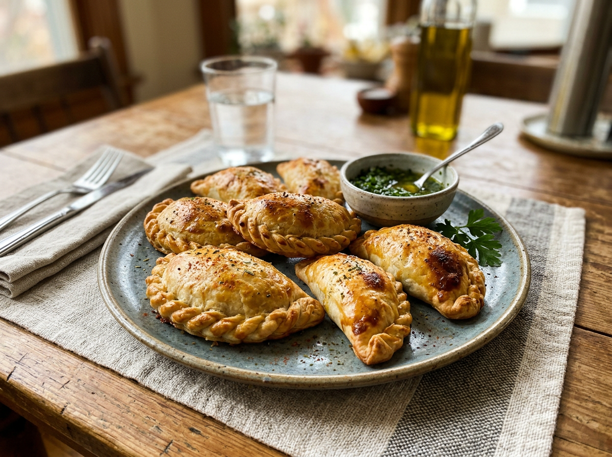 Plate with six baked empanadas and a bowl of green herb sauce with a spoon