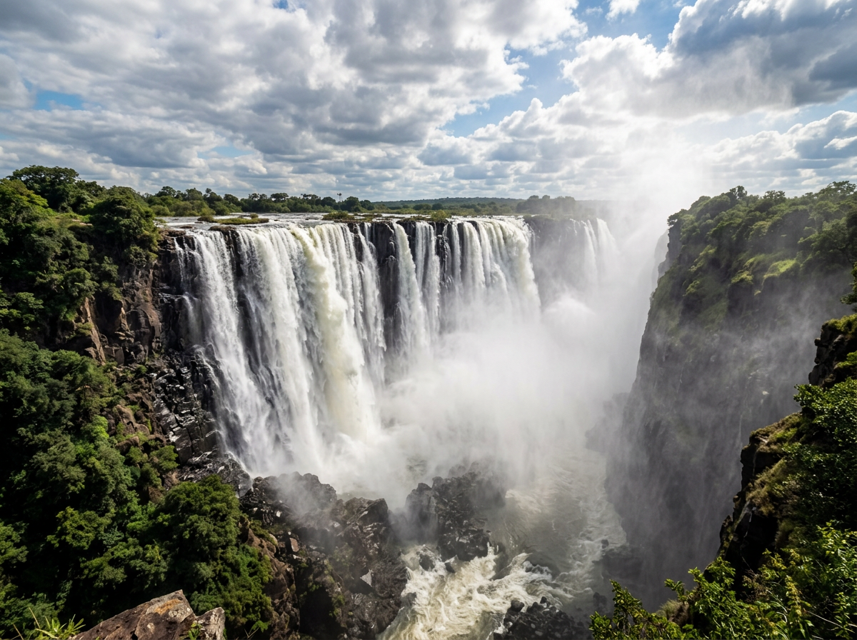 Victoria Falls wide waterfall and mist