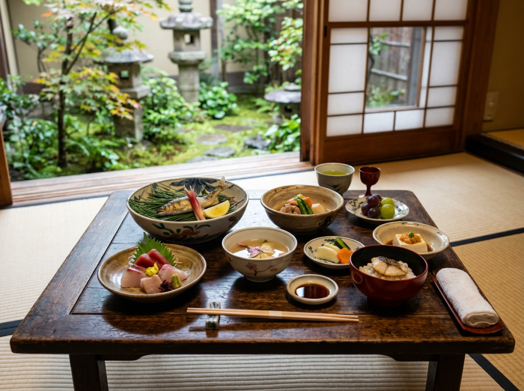 Traditional Japanese meal on low wooden table with various dishes and tea in tatami room overlooking garden