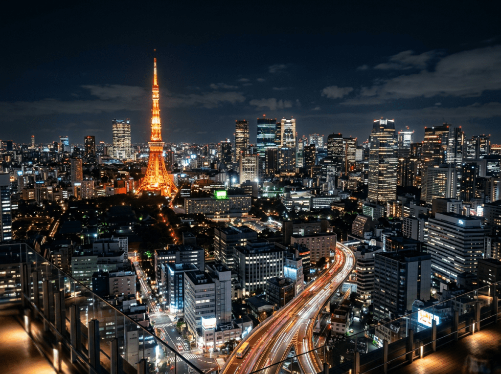Tokyo Tower lit in orange surrounded by city buildings at night