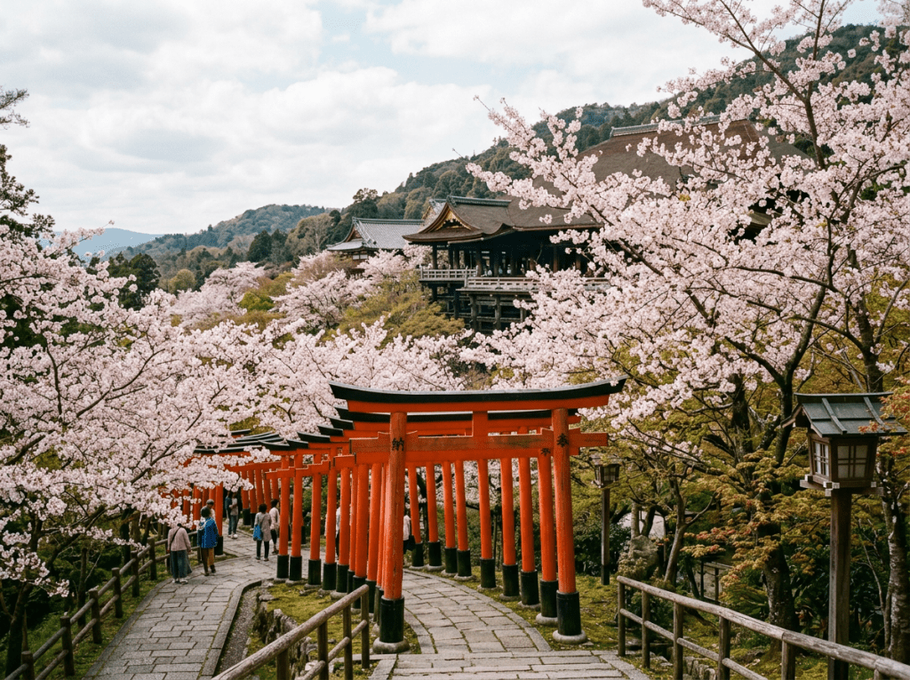 Pathway lined with red torii gates and cherry blossom trees near a traditional Japanese temple