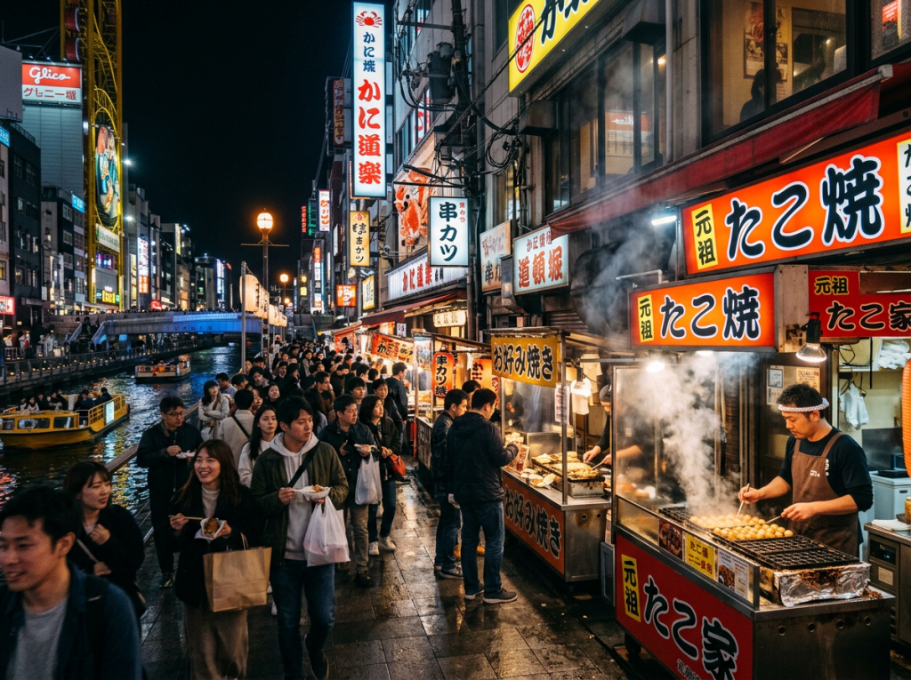 Crowded Japanese street food market with vendors cooking takoyaki by a canal at night