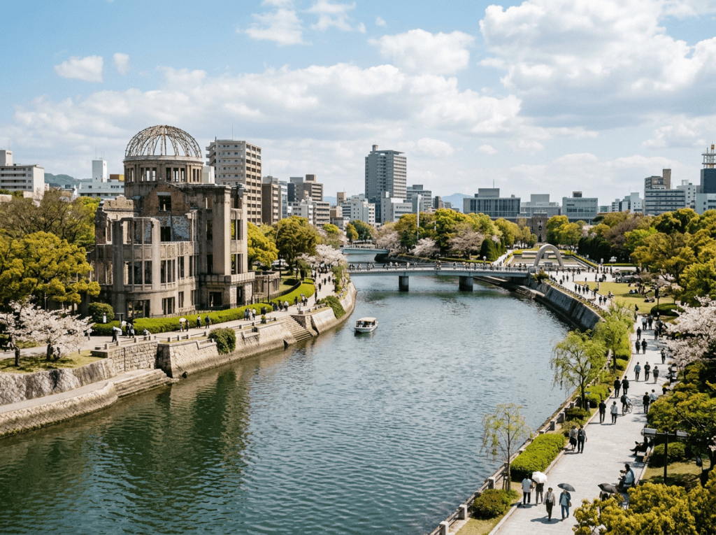 Atomic Bomb Dome by river with people walking in peaceful park surroundings
