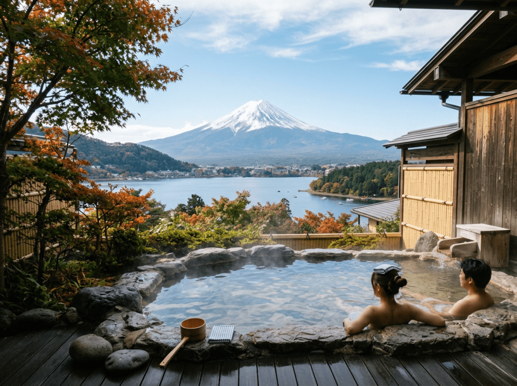 Two people sitting in a stone outdoor hot spring with clear water, facing Mount Fuji and a lake surrounded by autumn foliage
