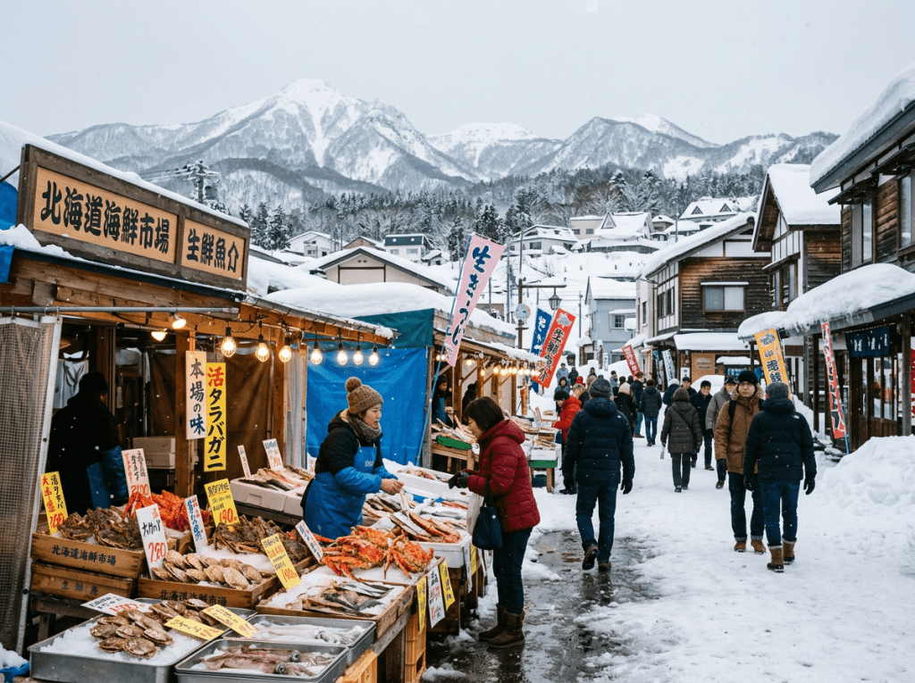 Outdoor seafood market with customers in a snowy village and mountains in background