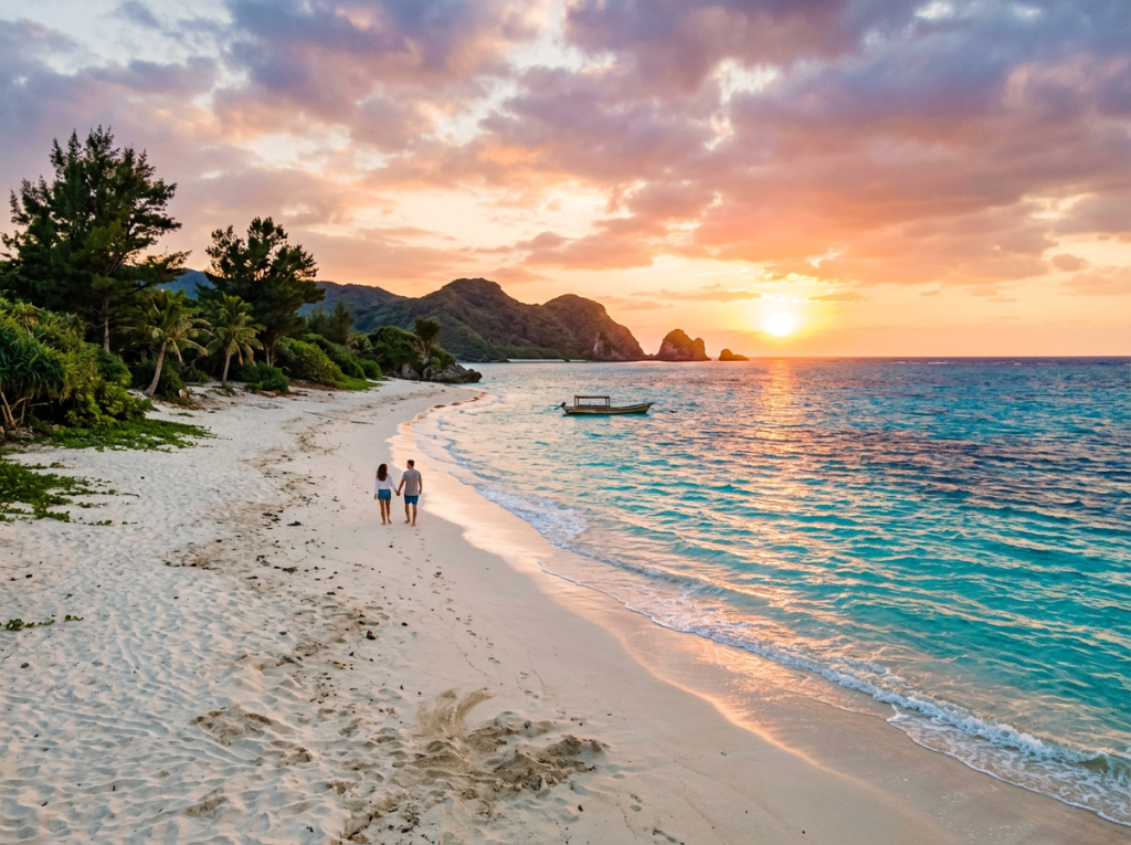 Couple walking hand in hand on sandy beach at sunset with boat and mountains