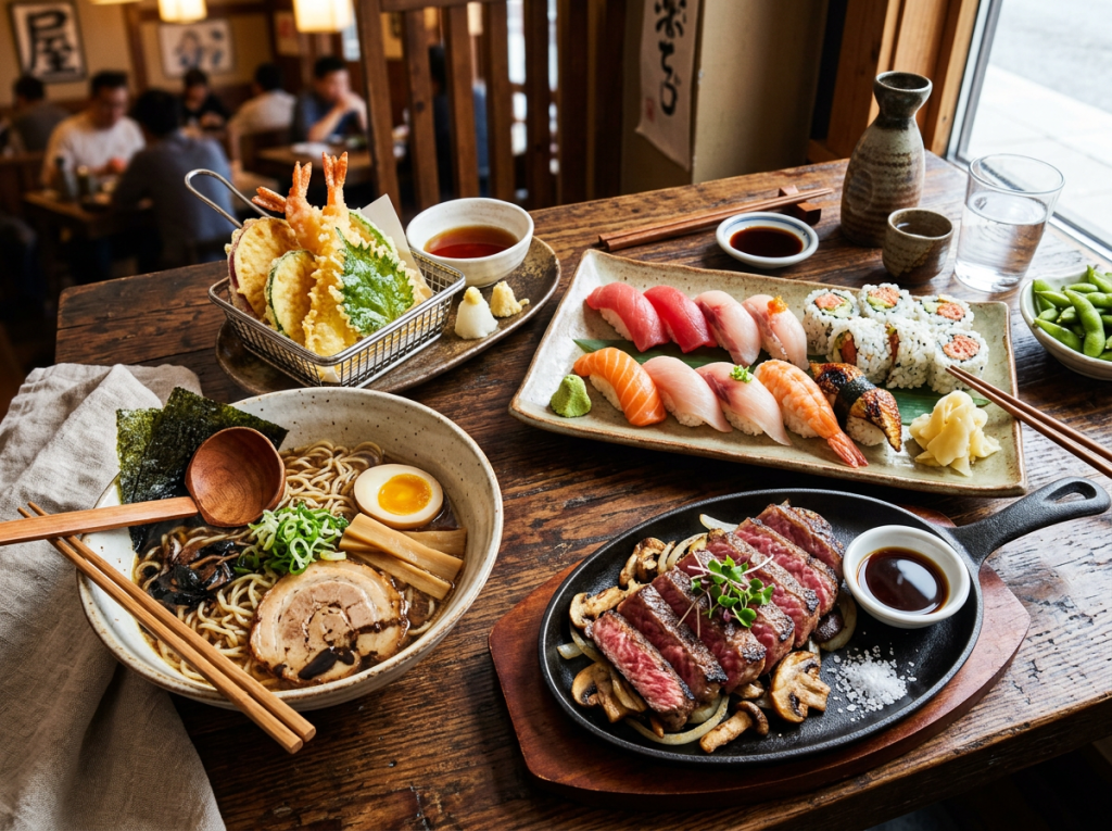 Japanese meal featuring sushi platter, ramen bowl, tempura basket, steak on skillet, and edamame