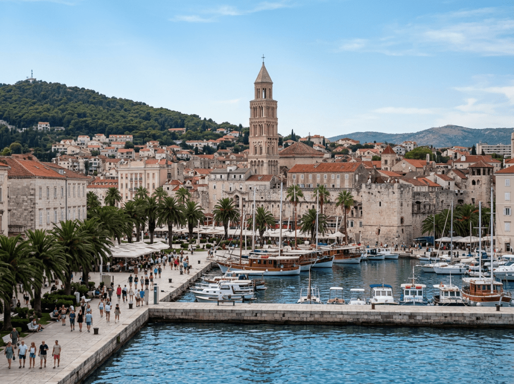 Harbor with boats, palm trees, and historic stone buildings with a tall church tower
