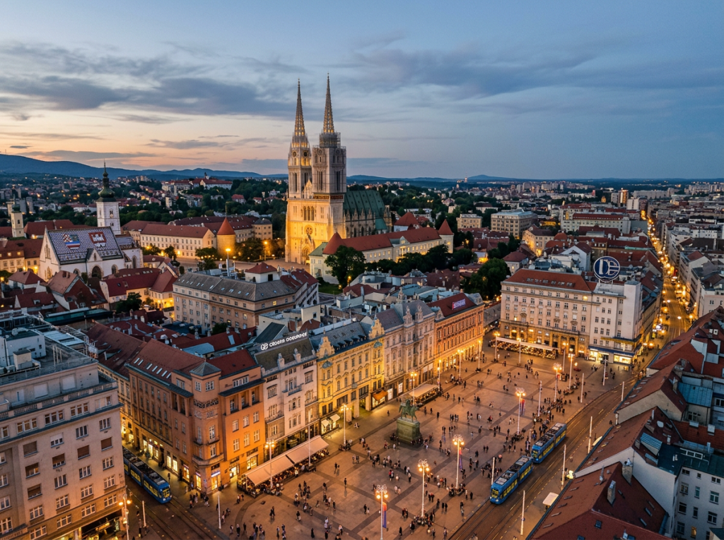 Zagreb main square with illuminated cathedral, historic buildings, trams, and people at dusk