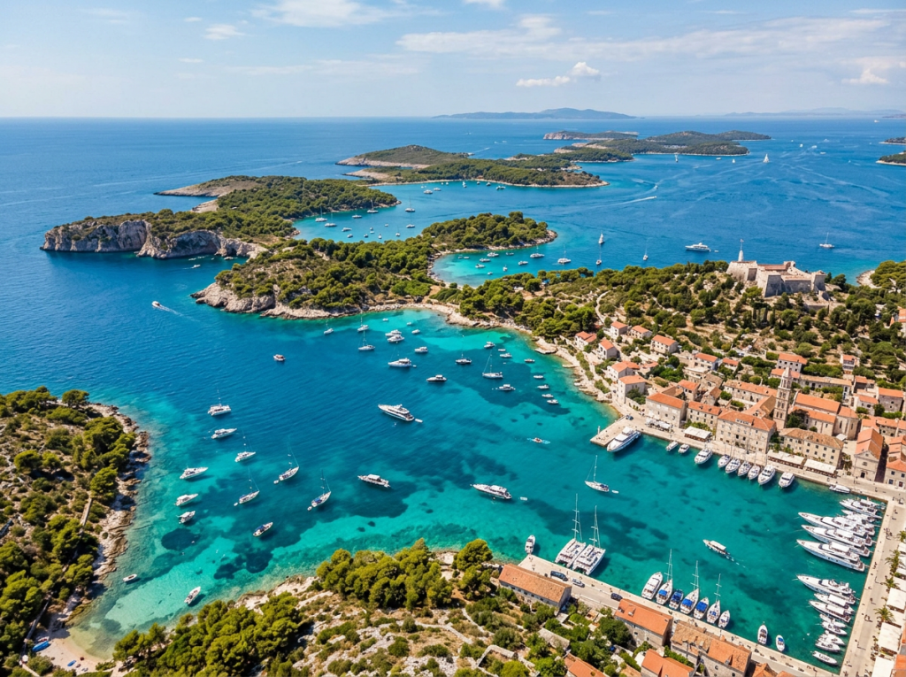 Coastal town with red-roofed buildings and multiple boats anchored in clear blue water near green islands.