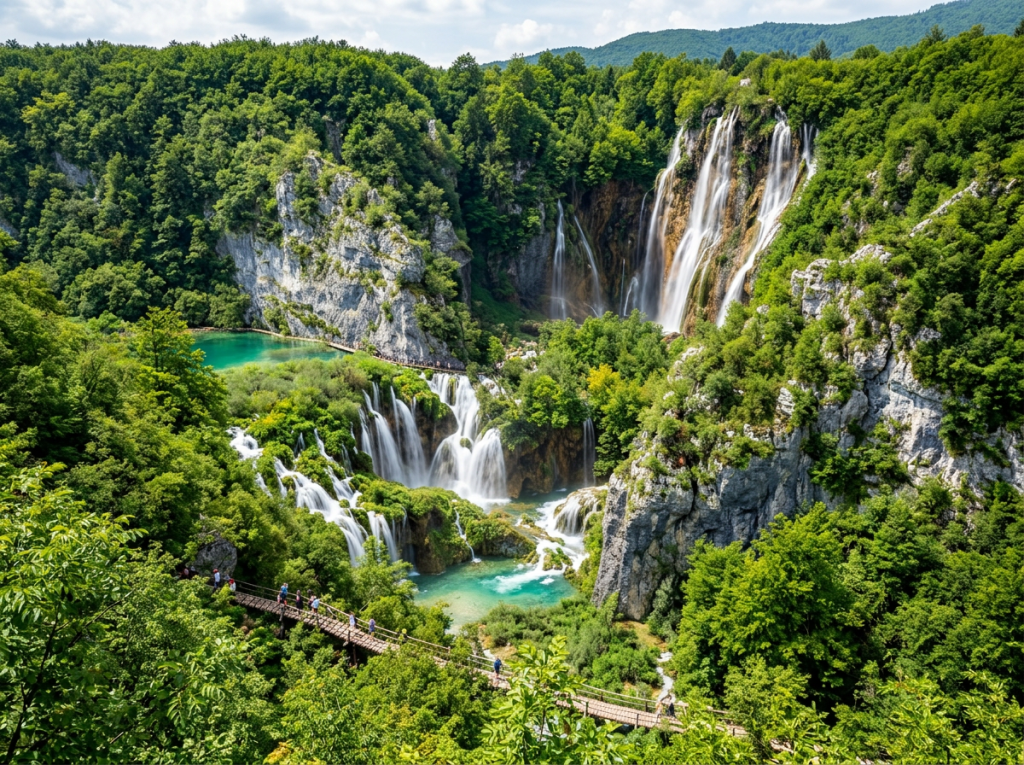 A series of waterfalls cascading into turquoise pools surrounded by dense green forest and rocky cliffs with wooden walkways