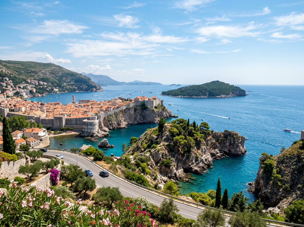 View of Dubrovnik old town with orange rooftops, stone fortress walls, winding coastal road, and blue Adriatic Sea