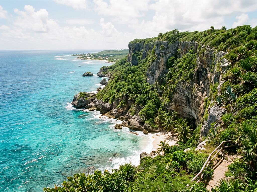 Tropical green cliff with turquoise ocean and small beach