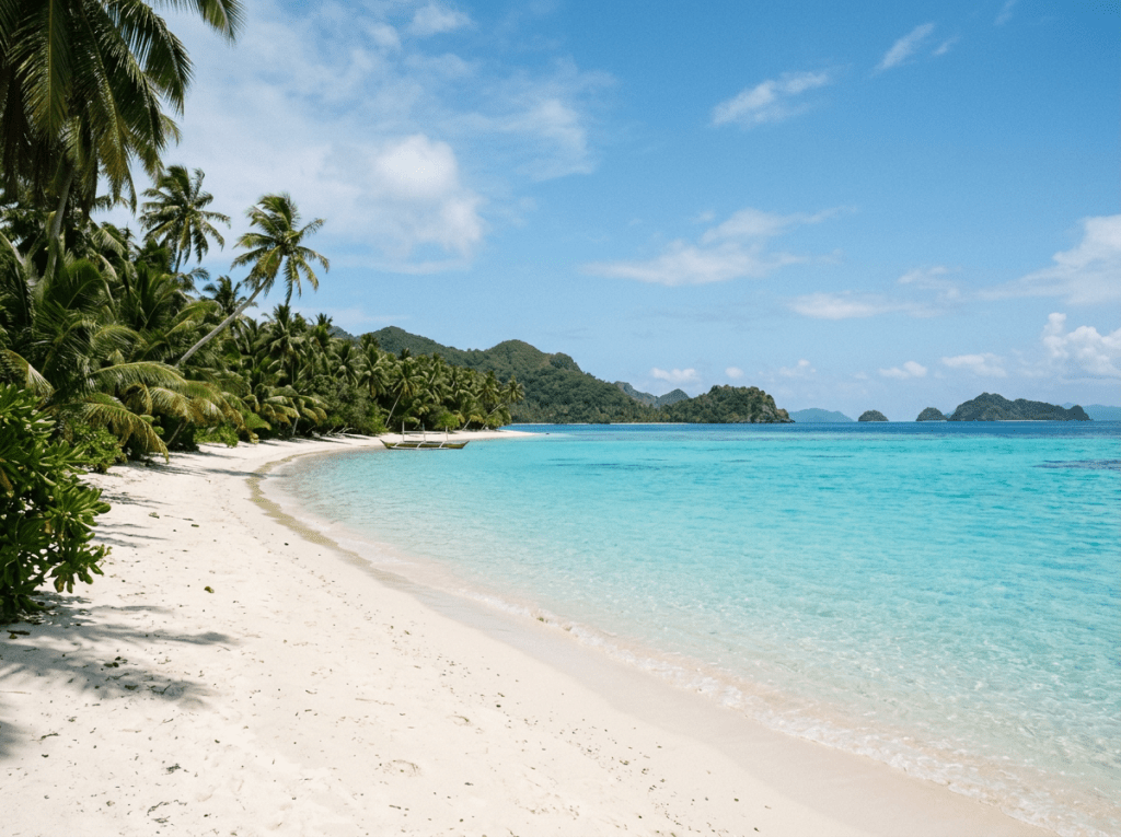 White sandy beach with palm trees and clear turquoise ocean water