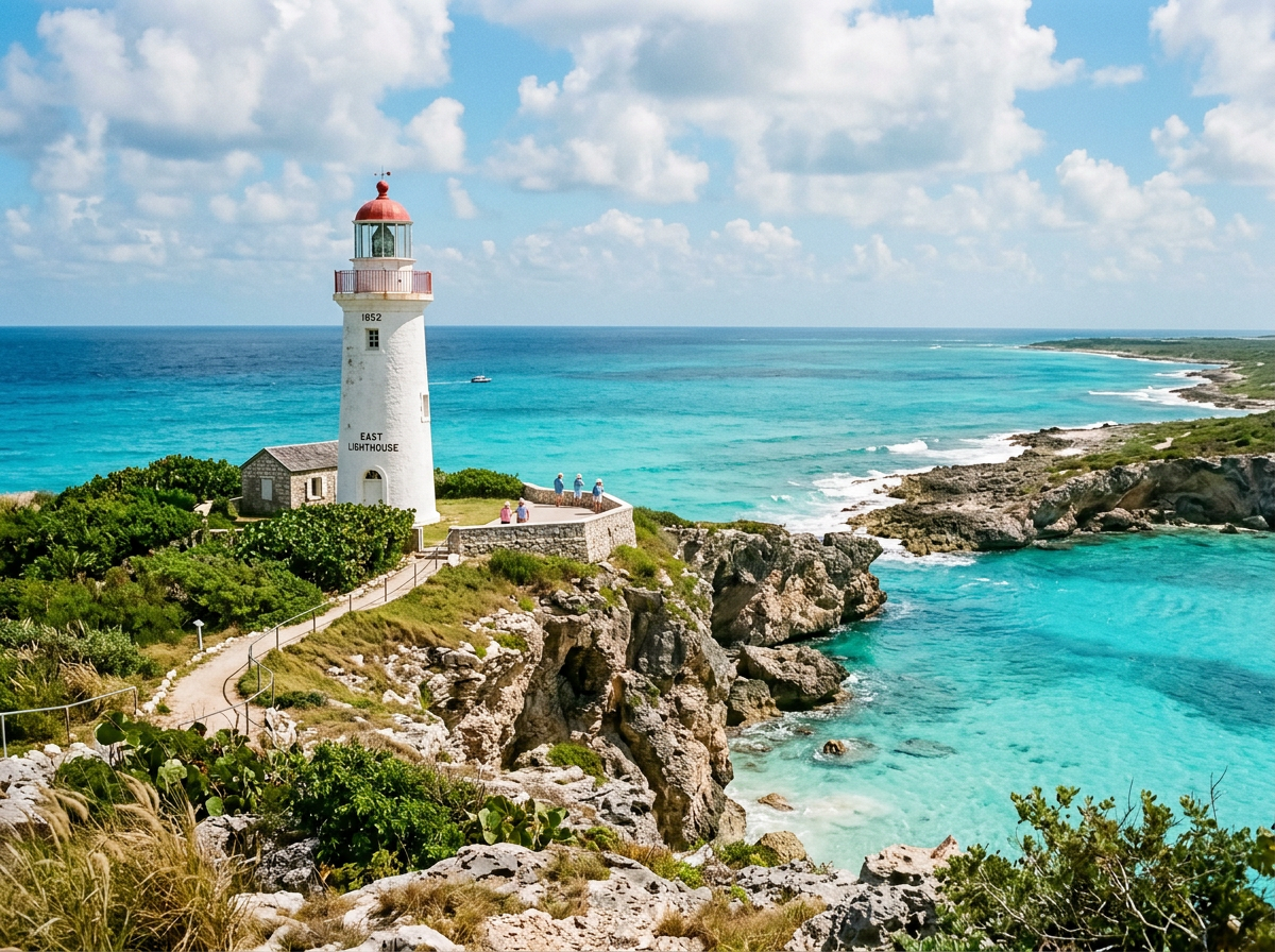 White lighthouse labeled East Lighthouse on rocky cliff by turquoise ocean under partly cloudy sky