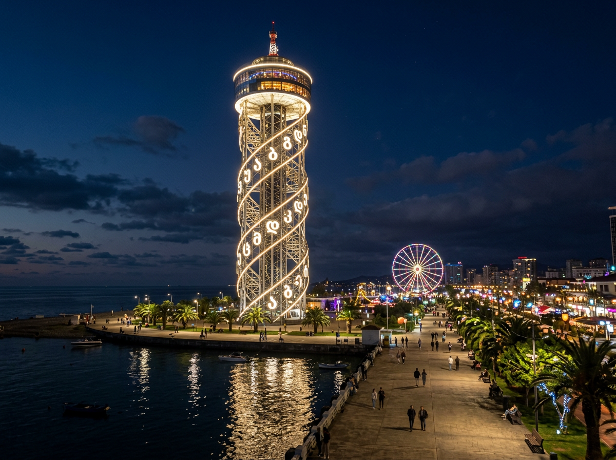 Illuminated tall clock tower with Georgian script wrapped in lights by the seaside at night