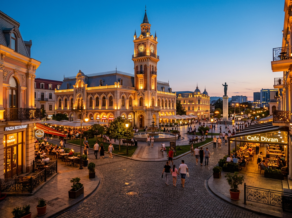 Historic city square with clock tower, cafes, and people at dusk