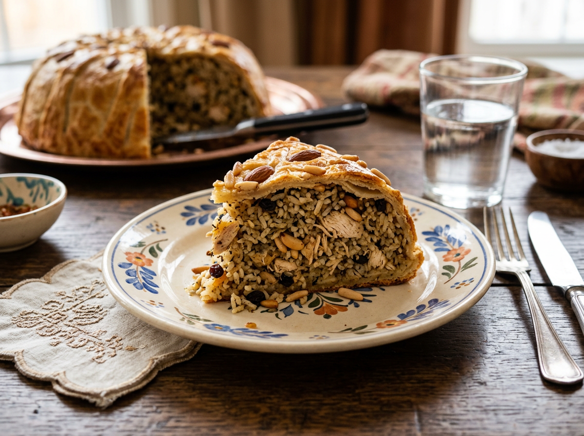 Slice of rice and chicken pie topped with nuts on a decorative plate