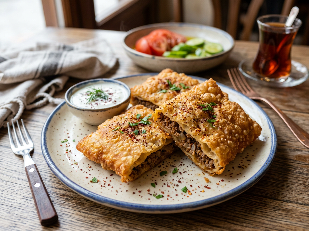 Three fried pastries filled with minced meat on a plate with yogurt sauce