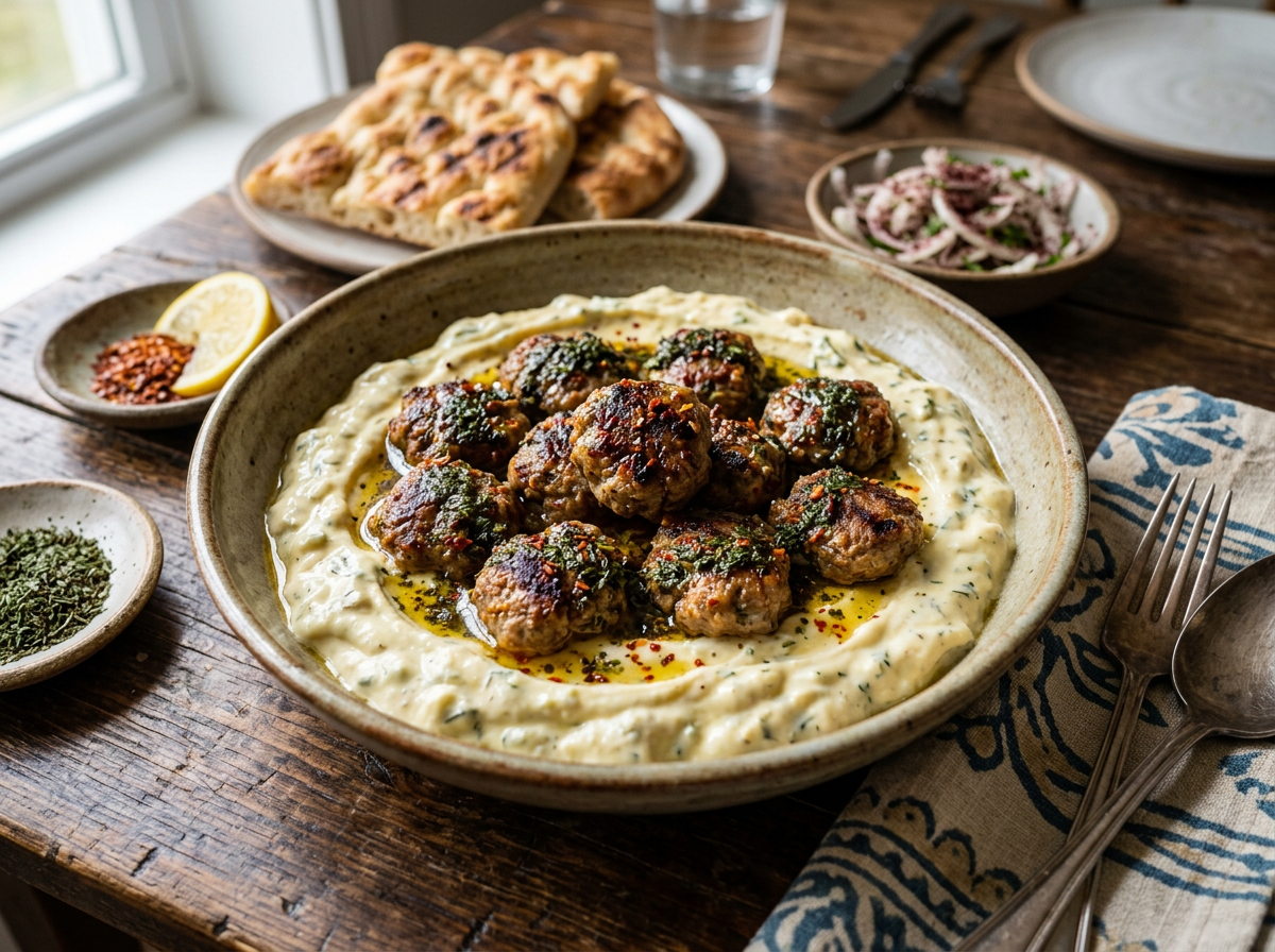 Grilled meatballs on creamy herb sauce with grilled flatbread and seasoning dishes