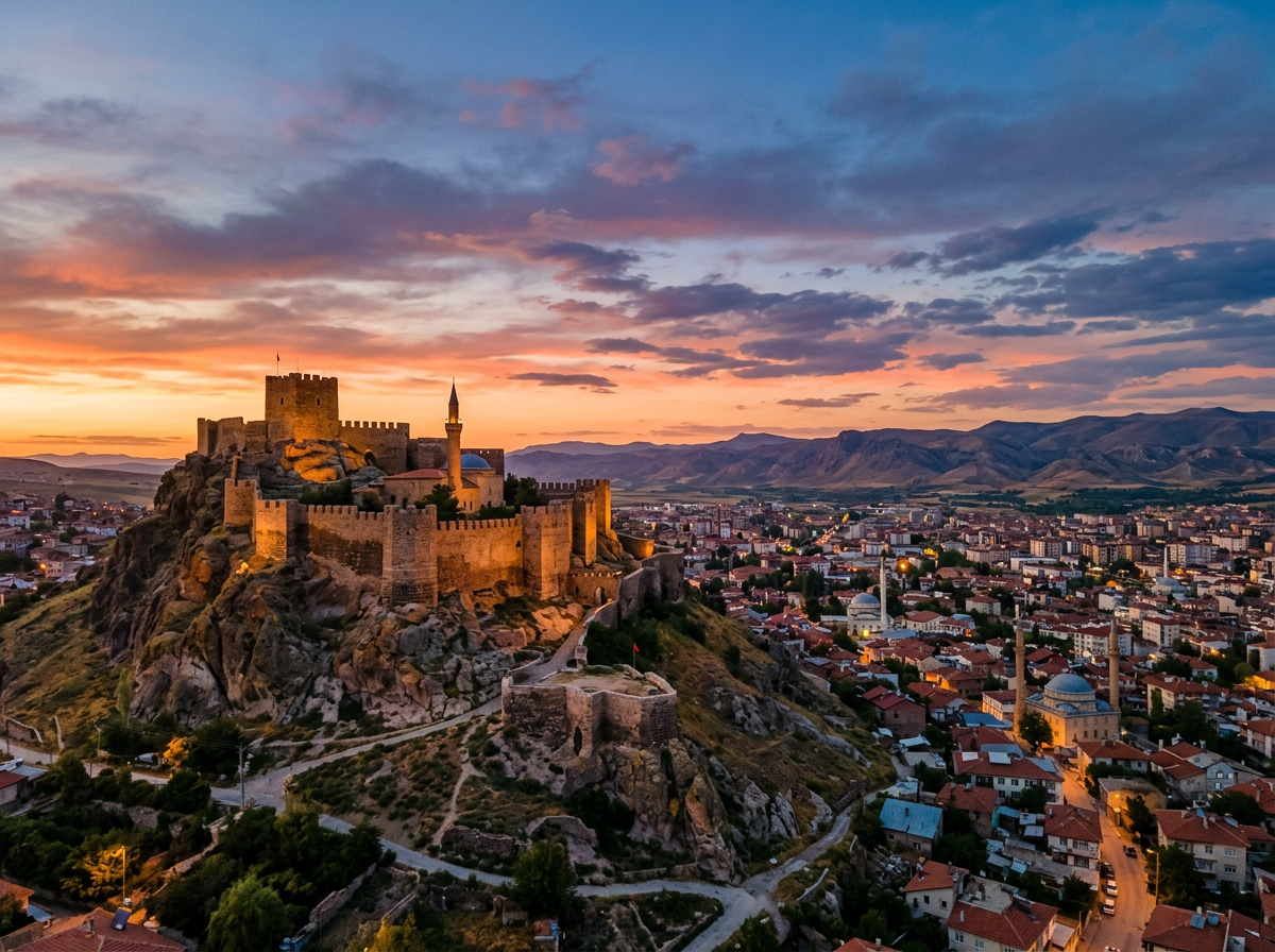 Historic castle on rocky hill with town and mountains at sunset