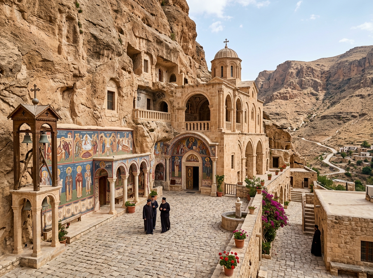 Cliffside monastery courtyard with monks and religious murals