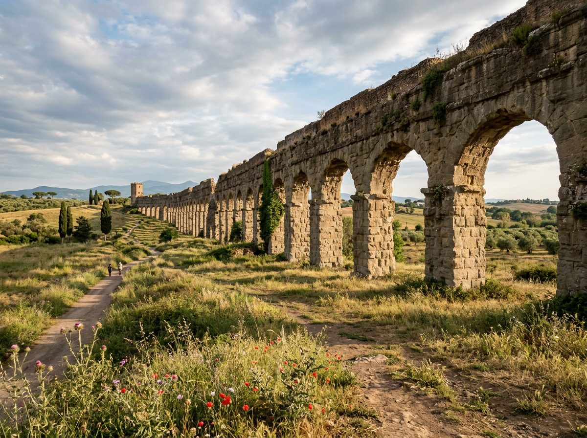 Ancient stone Roman aqueduct arches extending across a grassy countryside path