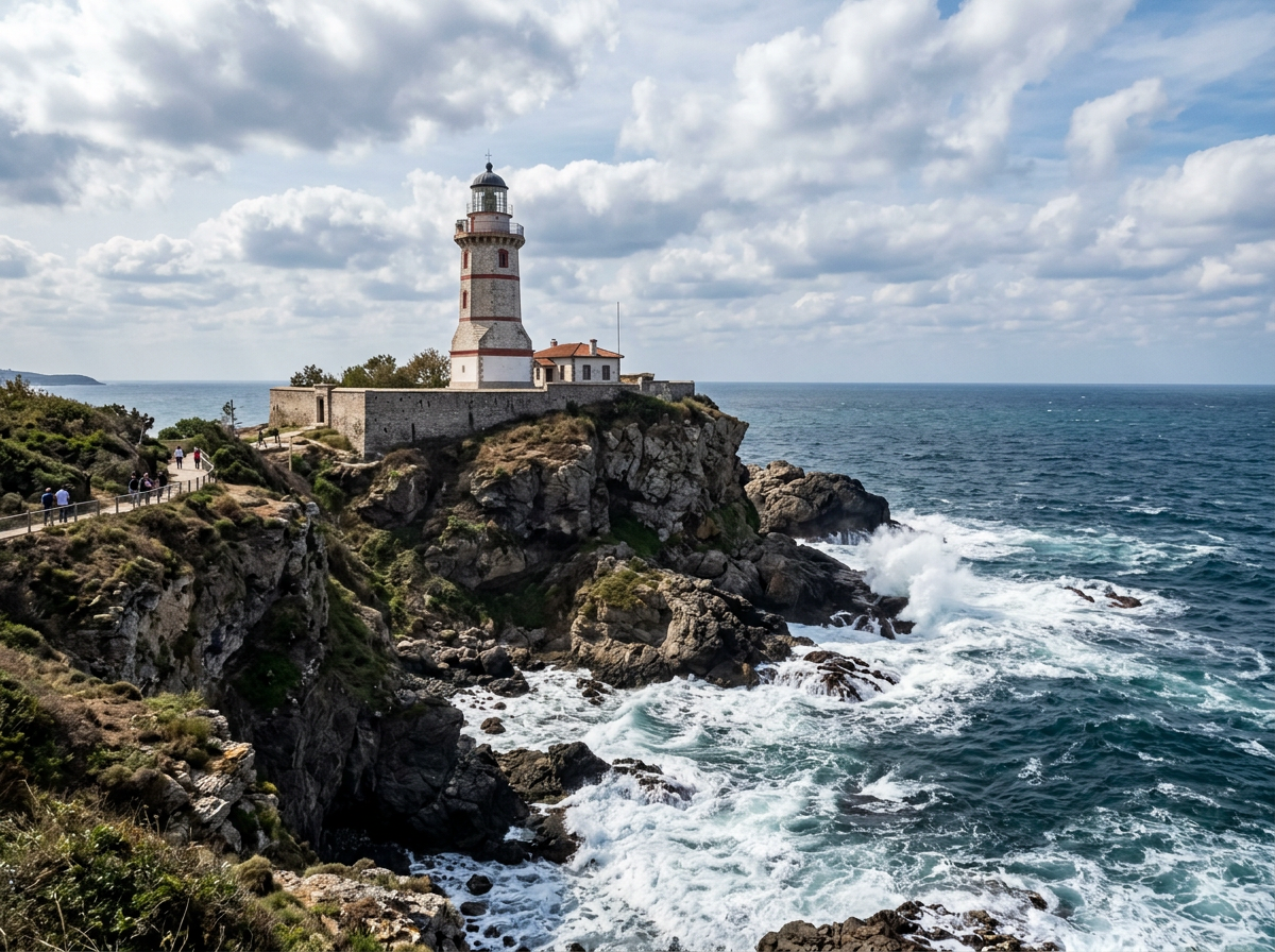 Lighthouse on rocky cliff overlooking turbulent sea with cloudy sky