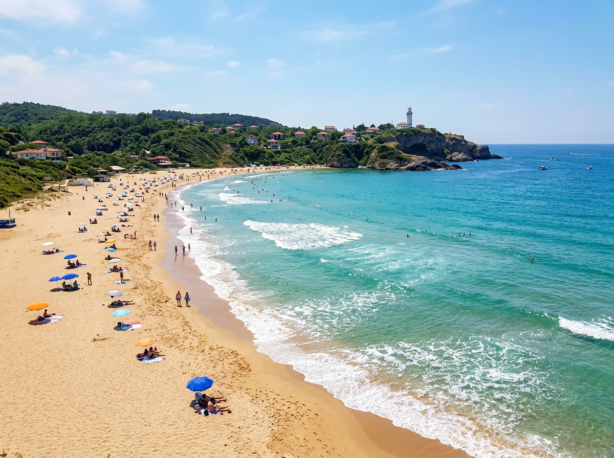 Sandy beach with people, umbrellas, waves, green hills, and a lighthouse on a cliff