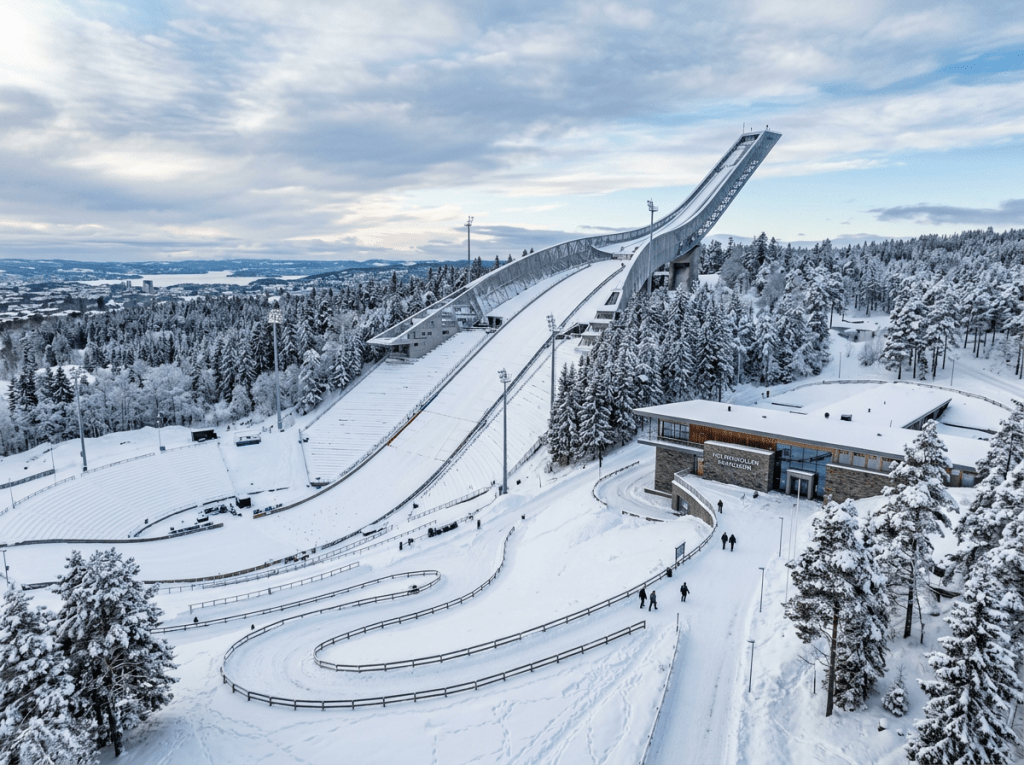 Holmenkollen ski jump covered in snow with nearby building and snow-covered trees