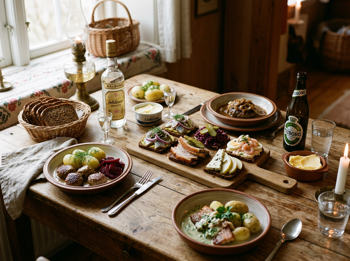 Danish open-faced sandwiches with fish, meatballs, potatoes, pickled vegetables, and beverages on a wooden table