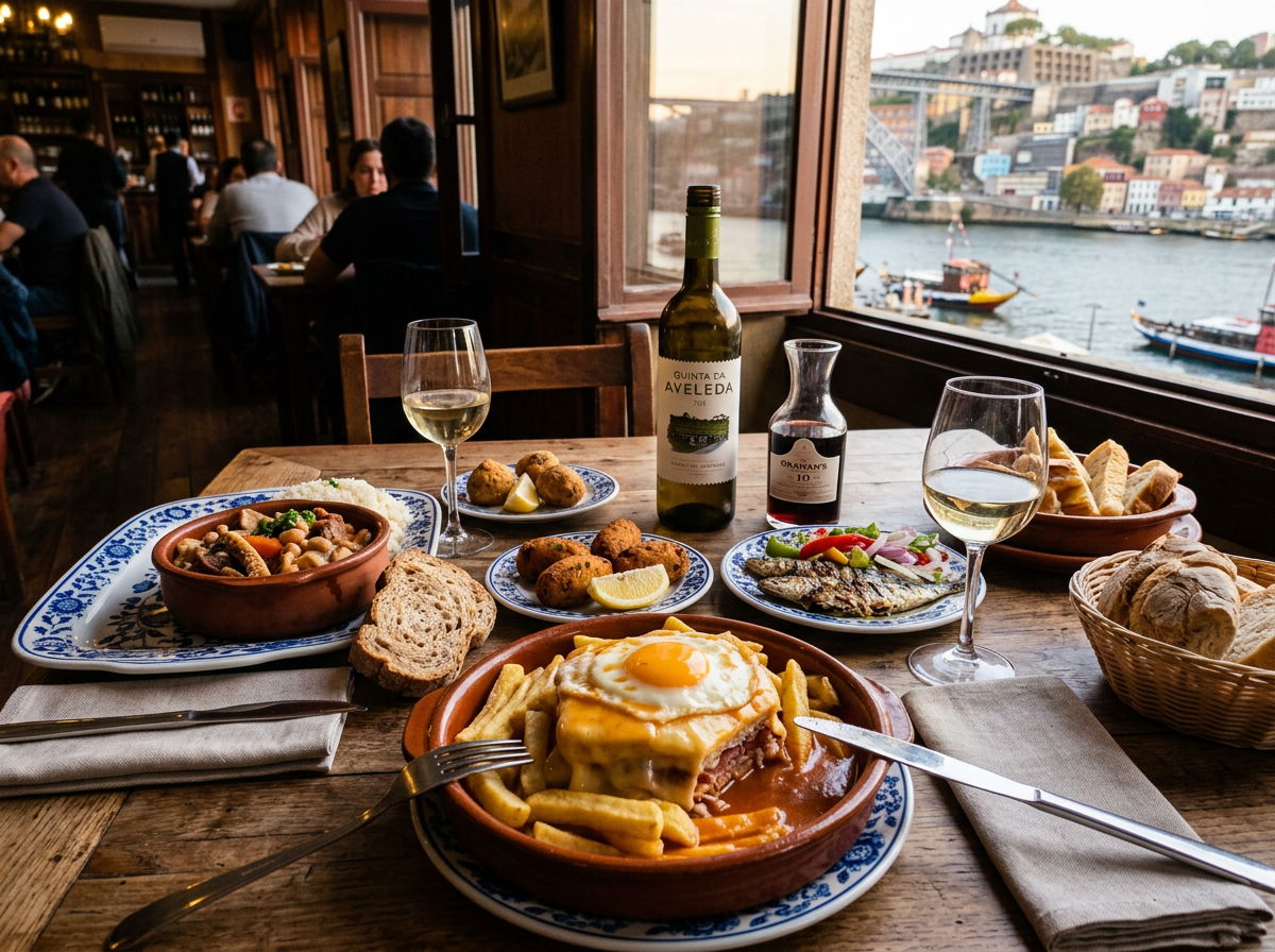 Table with Portuguese dishes, white wine, and riverside view through window