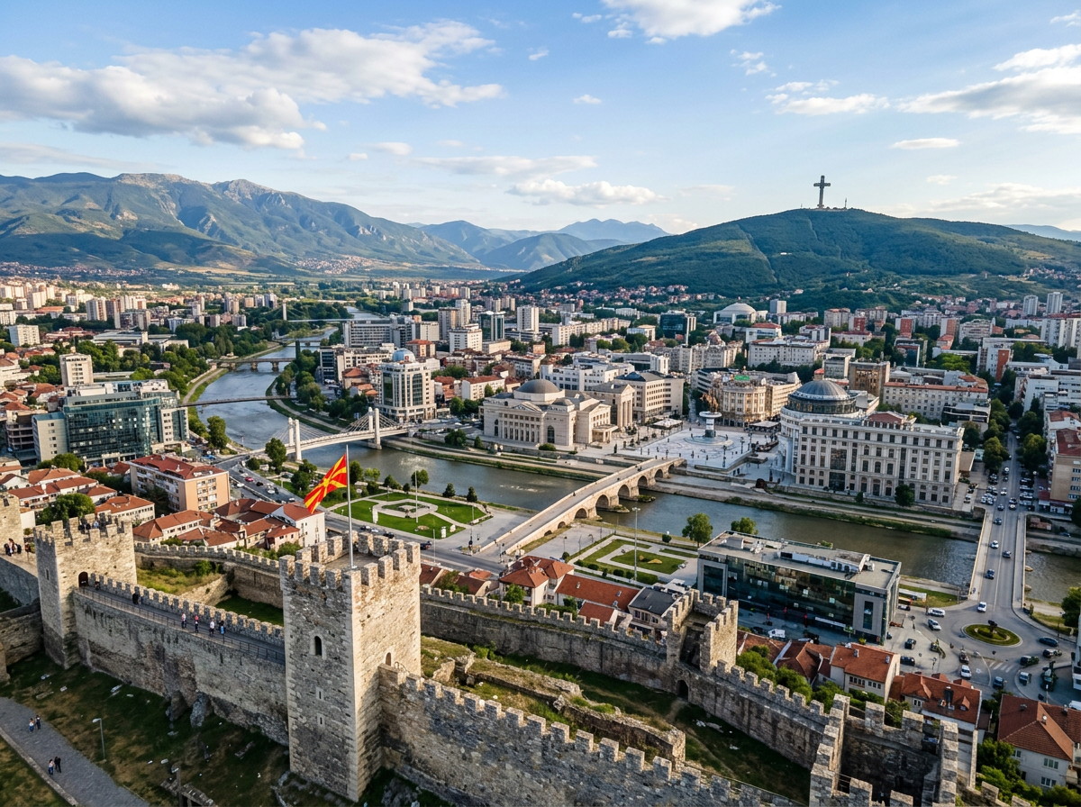 Stone fortress with Macedonian flag, river, city buildings, and hill with large cross
