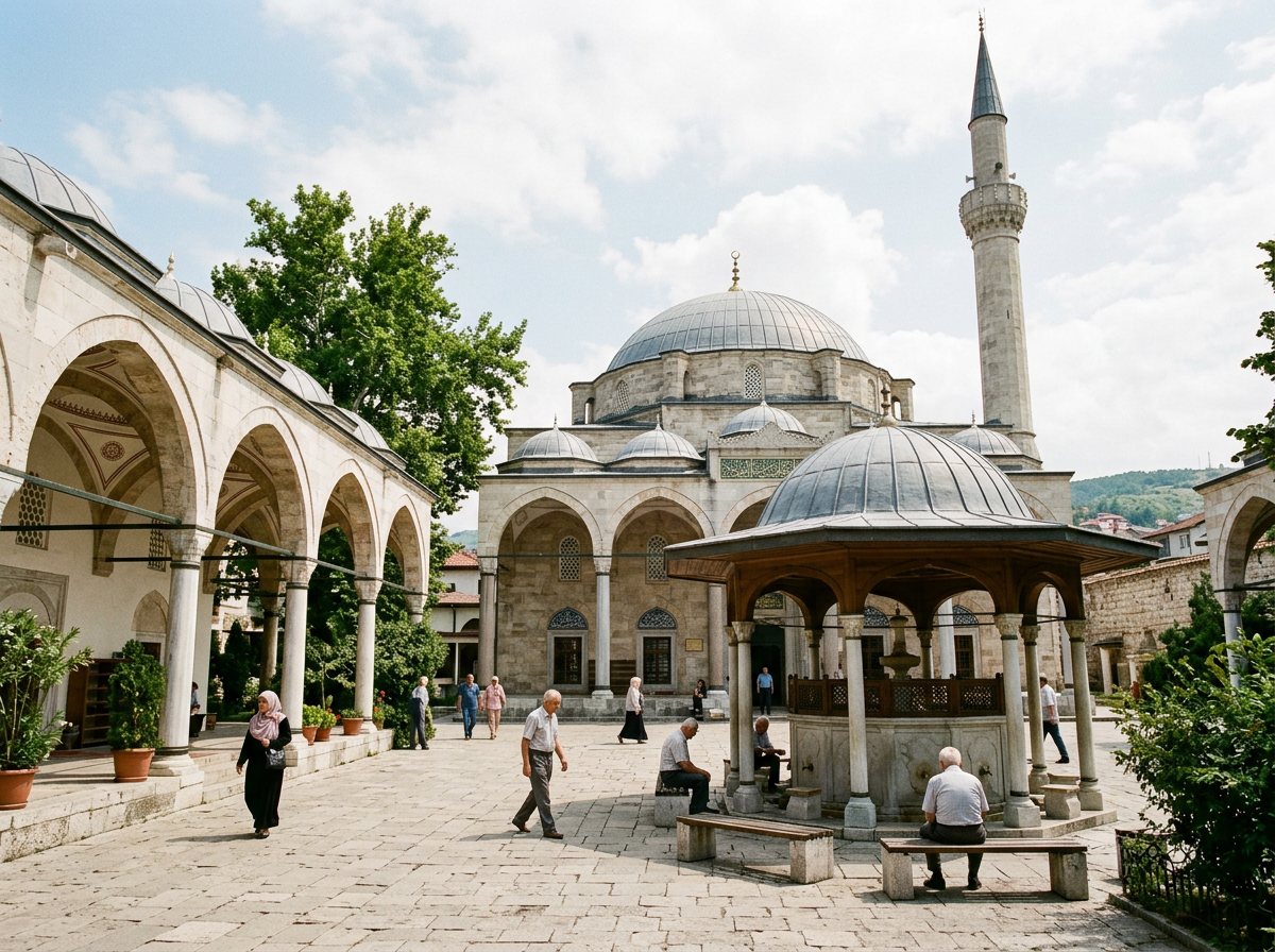 Courtyard of a historic mosque with people walking and sitting near a central fountain