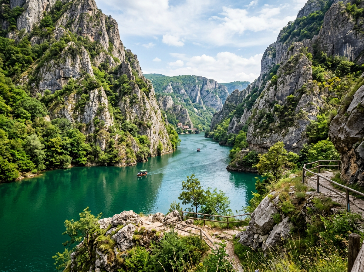 River flowing through tall rocky cliffs covered with greenery and small boats on water