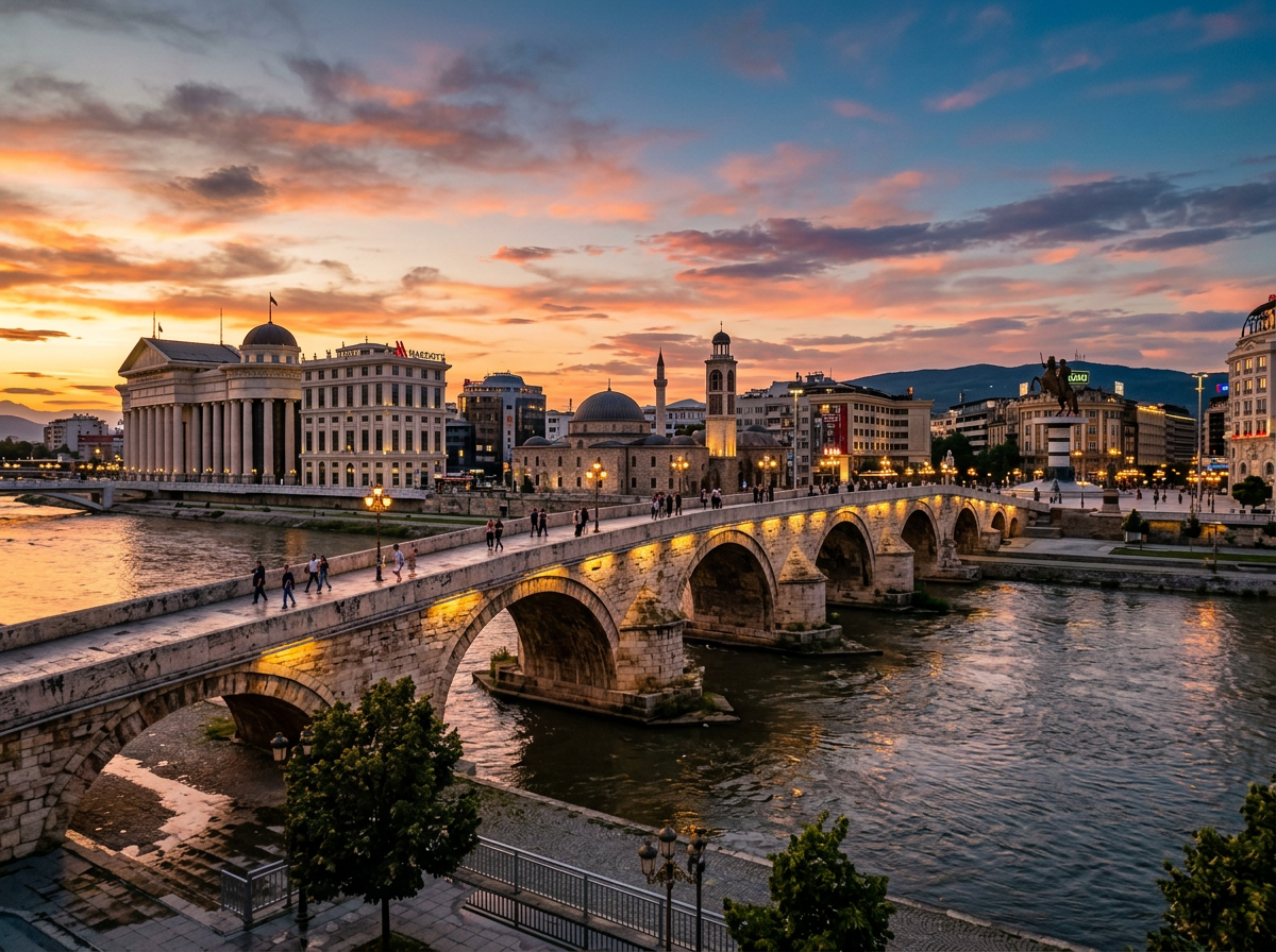 Stone Bridge crossing river with people walking and city skyline at sunset in Skopje