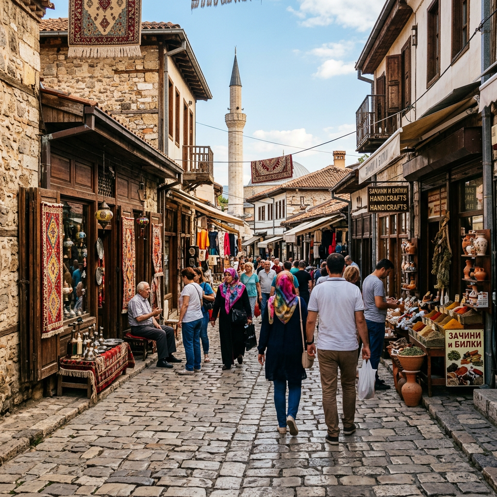 Cobblestone street with people shopping at stalls selling handicrafts and spices