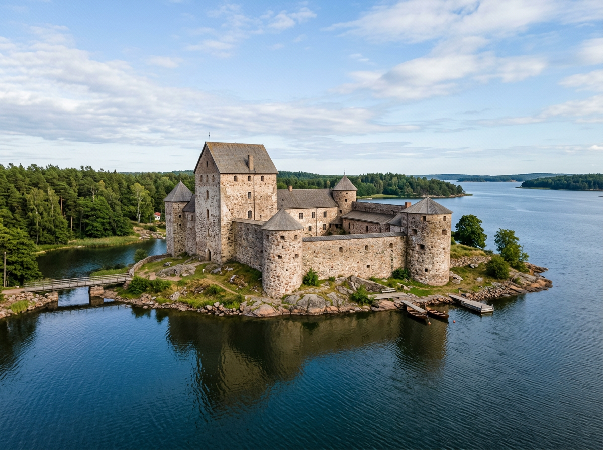 Medieval stone castle on an island surrounded by water with forested land in the background