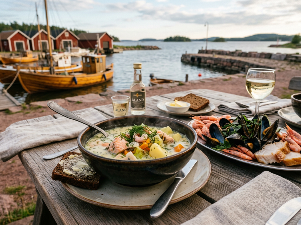 Bowl of fish soup with vegetables and rye bread beside a plate of seafood and a glass of white wine at a harbor table