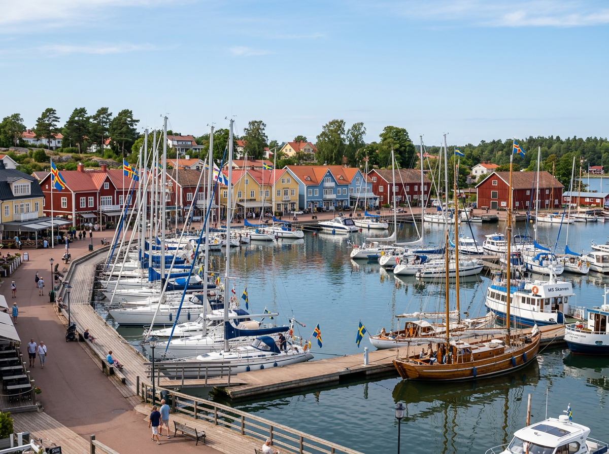 Harbor with sailboats docked alongside colorful waterfront houses and people walking