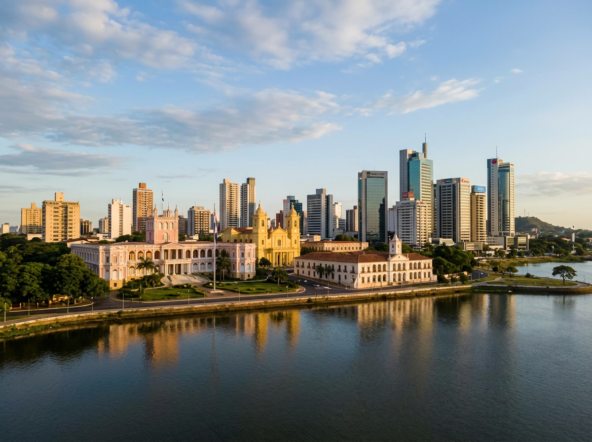 Historic buildings and modern skyscrapers along riverfront reflecting in water