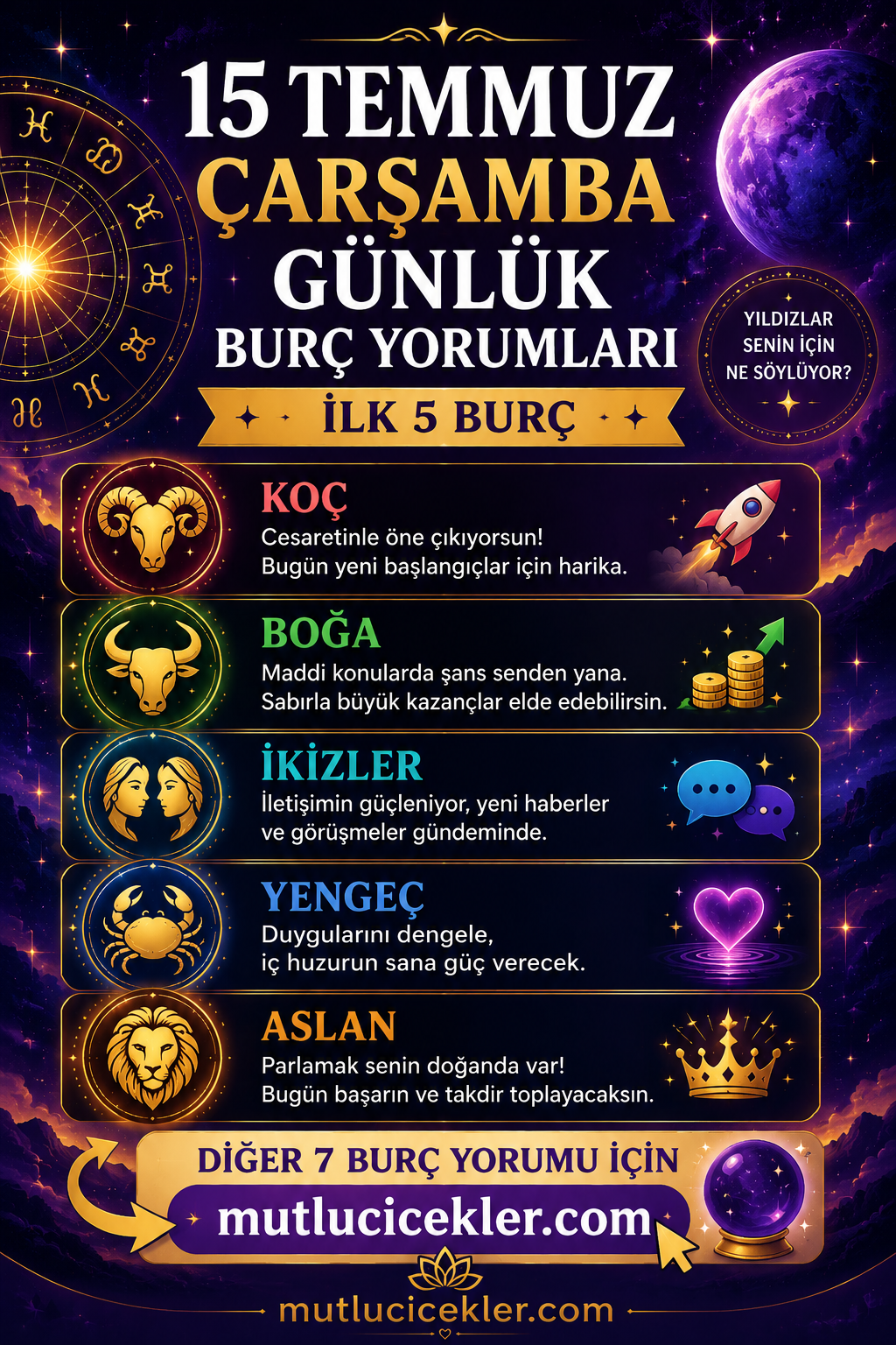 🔮 15 Temmuz 2026 Çarşamba Günlük Burç Yorumları: Aşk, Kariyer, Para ve Enerji Rehberi