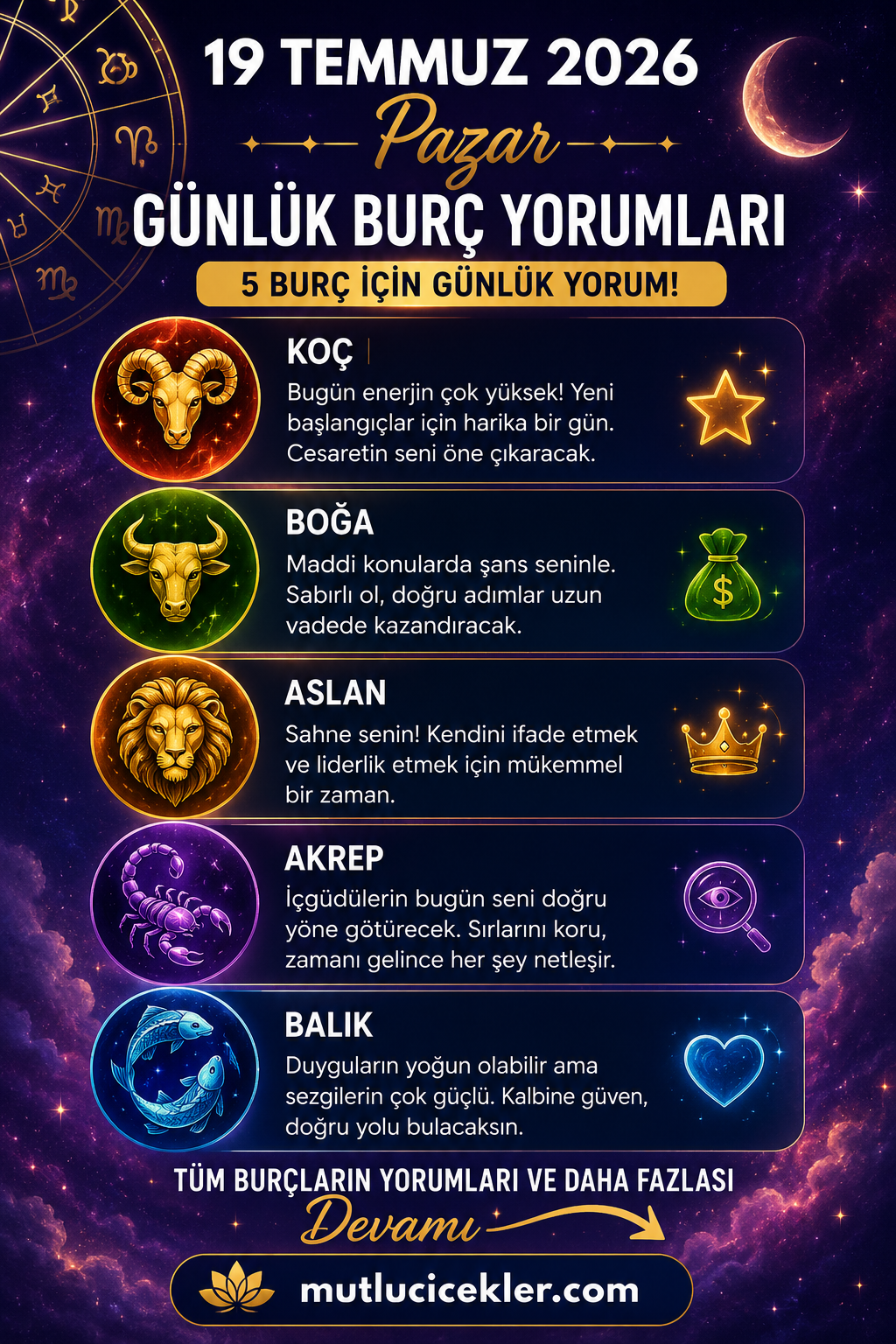 🔮 19 Temmuz 2026 Pazar Günlük Burç Yorumları: Aşk, Kariyer, Para ve Enerji Rehberi