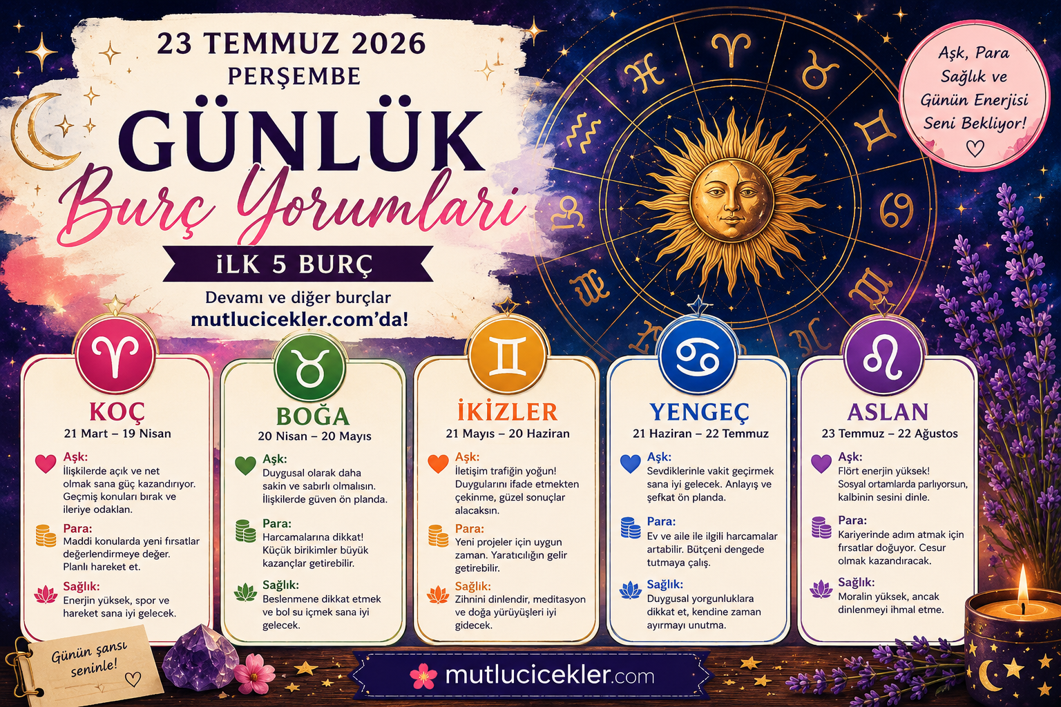 🔮 23 Temmuz 2026 Perşembe Günlük Burç Yorumları: Aşk, Kariyer, Para ve Enerji Rehberi