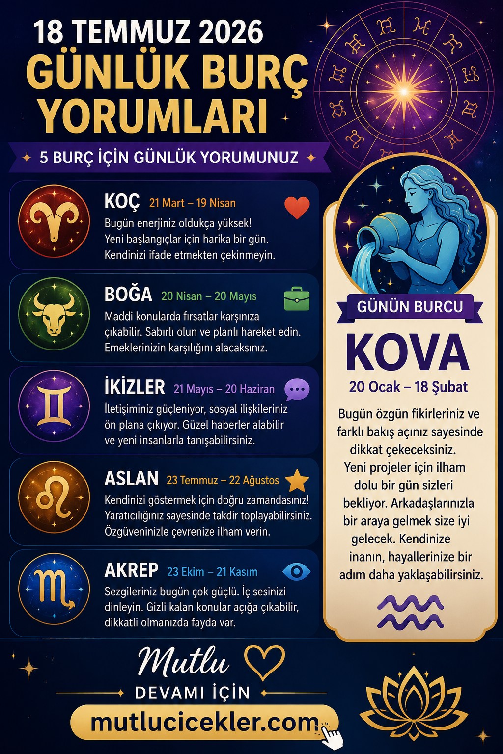 18 Temmuz 2026 Cumartesi Günlük Burç Yorumları