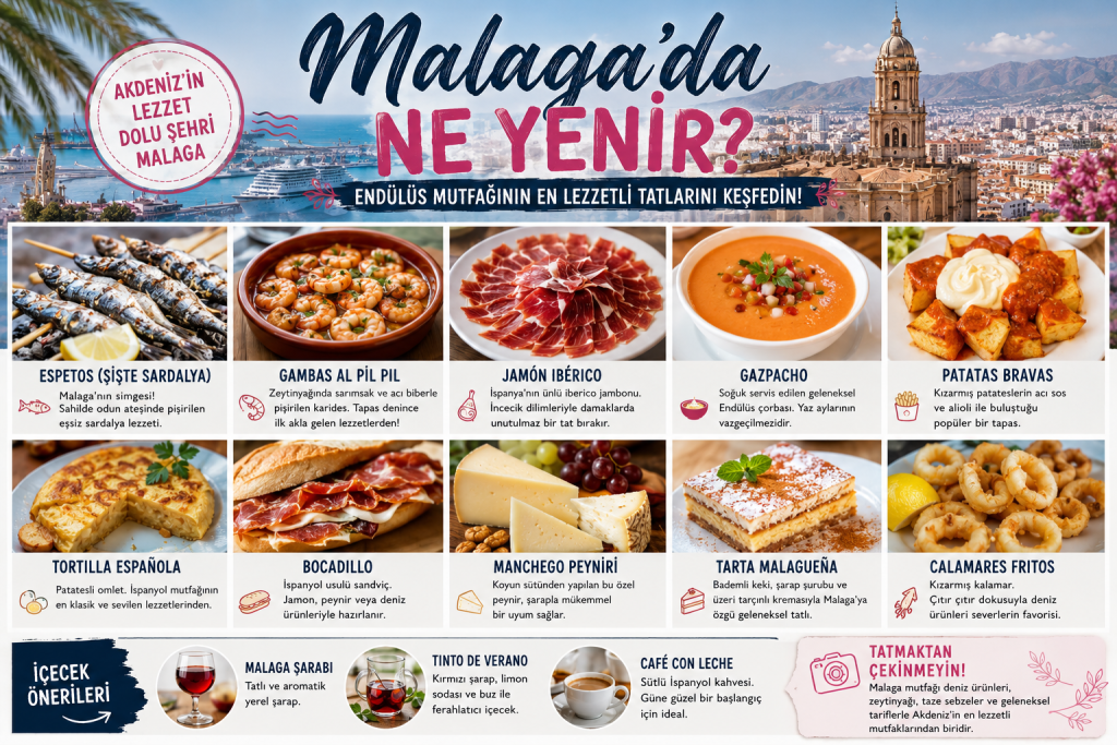 Malaga'da yenilecek lezzetlerin tanıtıldığı bir grafik.