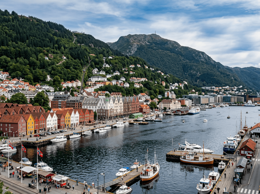 Harbor front in Bergen, Norway, with colorful wooden buildings and boats along the water