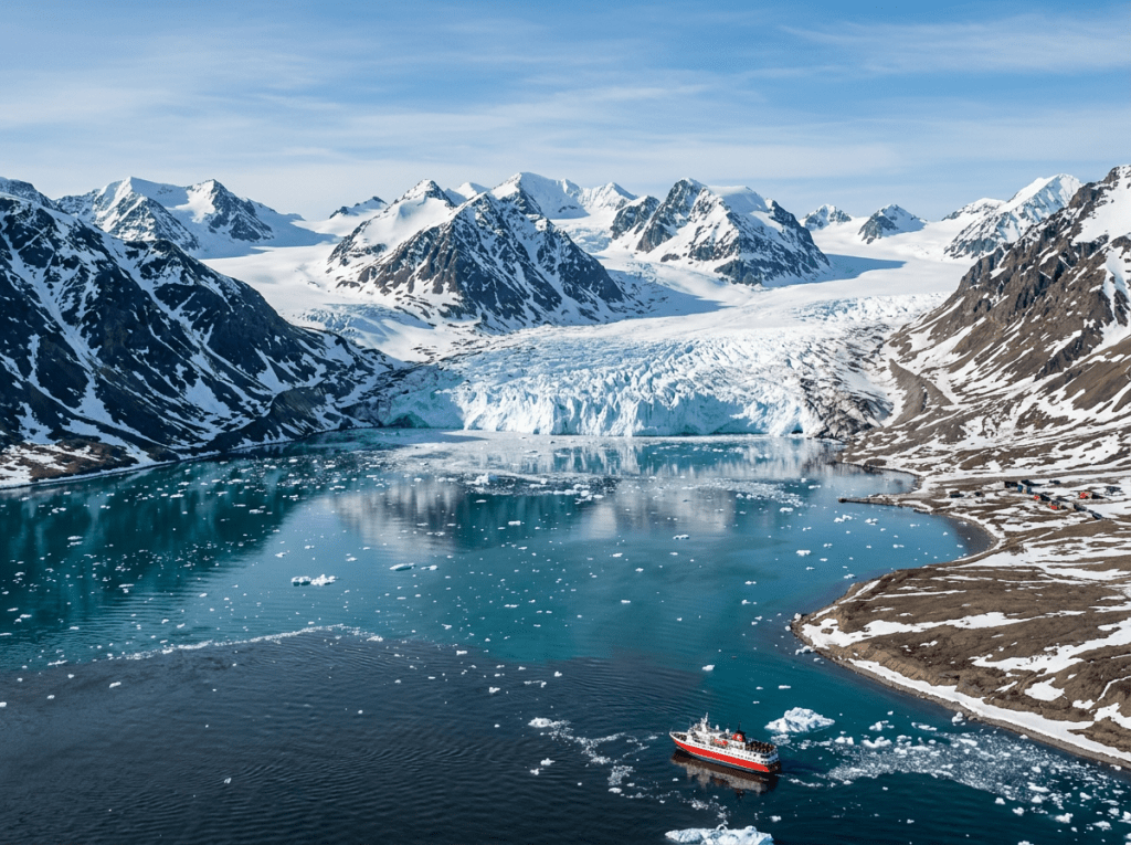 Icebreaker ship sailing in icy fjord with glacier and snow-covered mountains