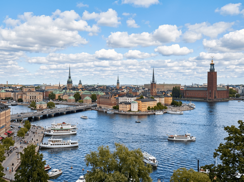 View of Stockholm waterfront with boats, bridges, and historic buildings