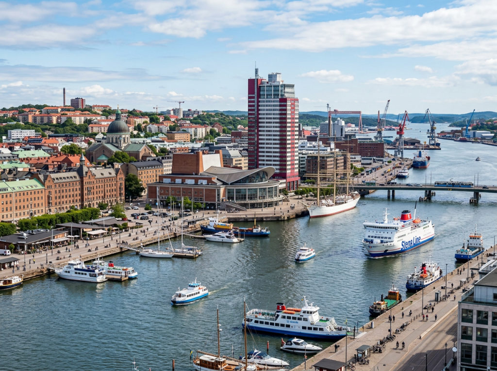 City harbor with passenger ferries, sailboats, and waterfront buildings
